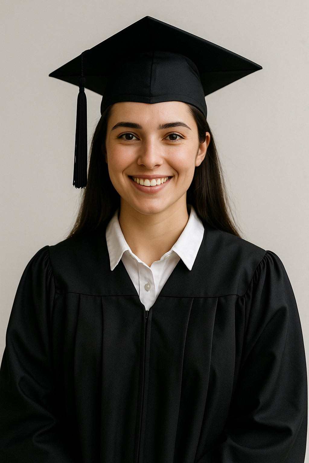 Smiling college graduate in cap and gown holding diploma on campus