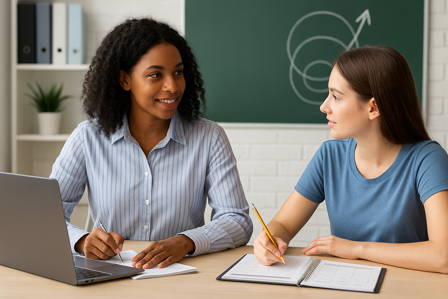 Coach working with student on planning and study strategies